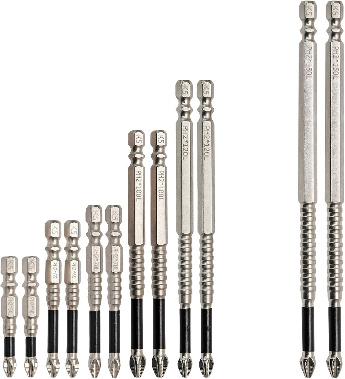 MKEUDQ-12 Pack Magnetic Screwdriver Drill Bit Set, 50/65 / 70/100 / 120/150 mm Anti Slip Drill Bit Magnetic Electric Screwdriver Bits Set for Impact Drive
