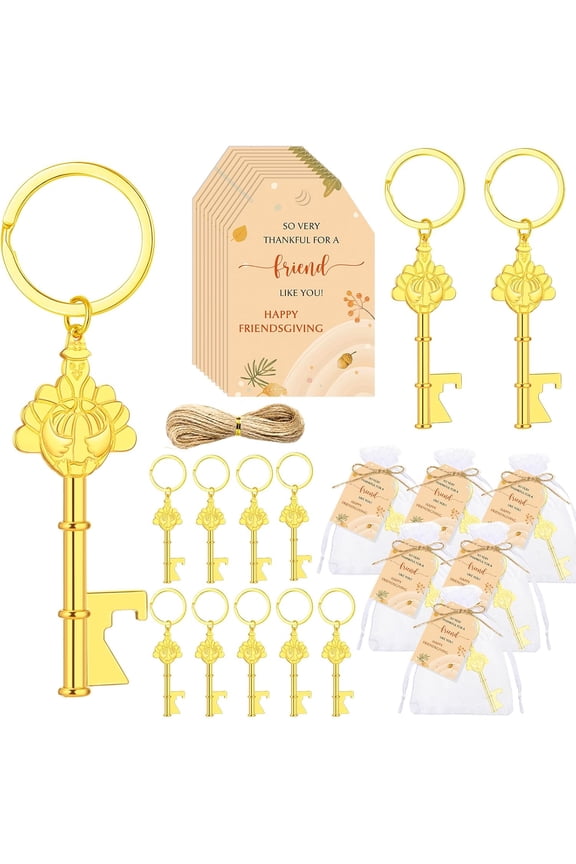 -12 Sets Happy Friendsgiving Gifts Thanksgiving Gold Turkey Keychain Fall Bottle Opener Beer Beverage Can Friendsgiving Party Favor for Guest Autumn Party Souvenir