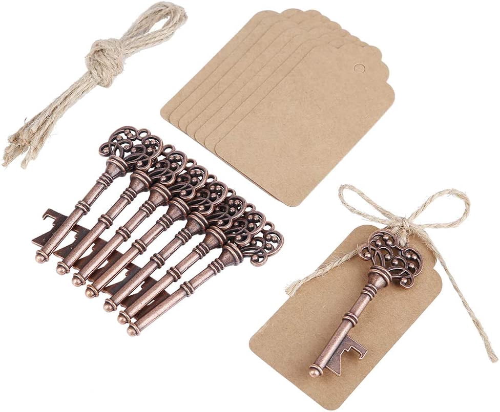 MKEUDQ-12PCS Key Shape Bottle Opener, Alloy Key Ring Copper Keychain Vintage Key with Tags for Wedding Party Favor Souvenir Gifts