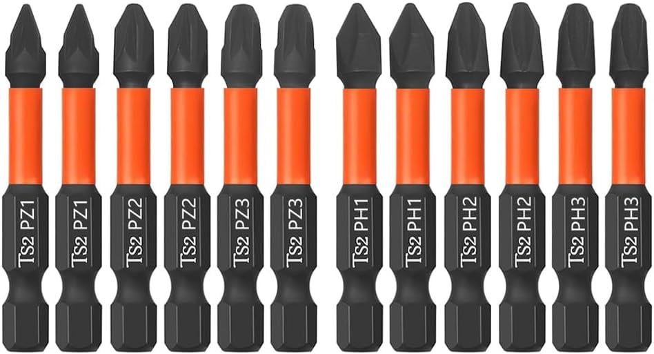 MKEUDQ-12PCS Magnetic Pozidriv & Phillips Screwdriver Bit Set, 50mm / 2 Inch Long Pozi Phillips Bits S2 Steel 1/4 Inch Hex Shank Impact Screw Driver Drill Bits (PZ1,PZ2,PZ3,PH1,PH2,PH3)