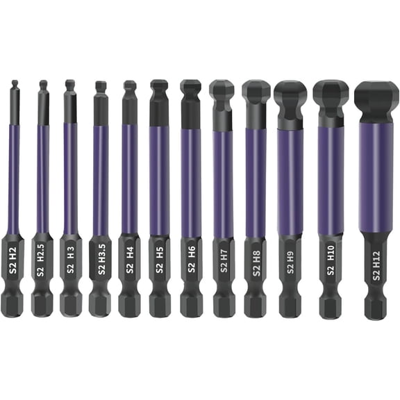 MKEUDQ-12pcs Ball End Hex Bit Set, 75mm/3" Length Ball End Hex Screwdriver Bit Set, Magnetic 1/4 Inch Hex Shank Ball End Hex Head Allen Wrench Drill Bit Set, S2 Steel Hex Key Ball End Bit