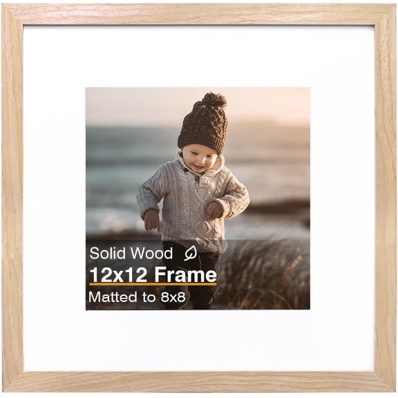 MKEUDQ-12x12 Picture Frame, Natural Square Solid Wood Frame for Pictures 8x8 with Mat or 12x12 without Mat, Wall Display Photo Frame Natural Wood Photo Frame 1 Pack