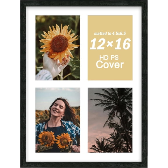 MKEUDQ-12x16 Collage Picture Frame, Displays 4 Photos in 5x7 Size, Wood Multi-Opening Frame with PS Cover for Wall & Tabletop Use - Black