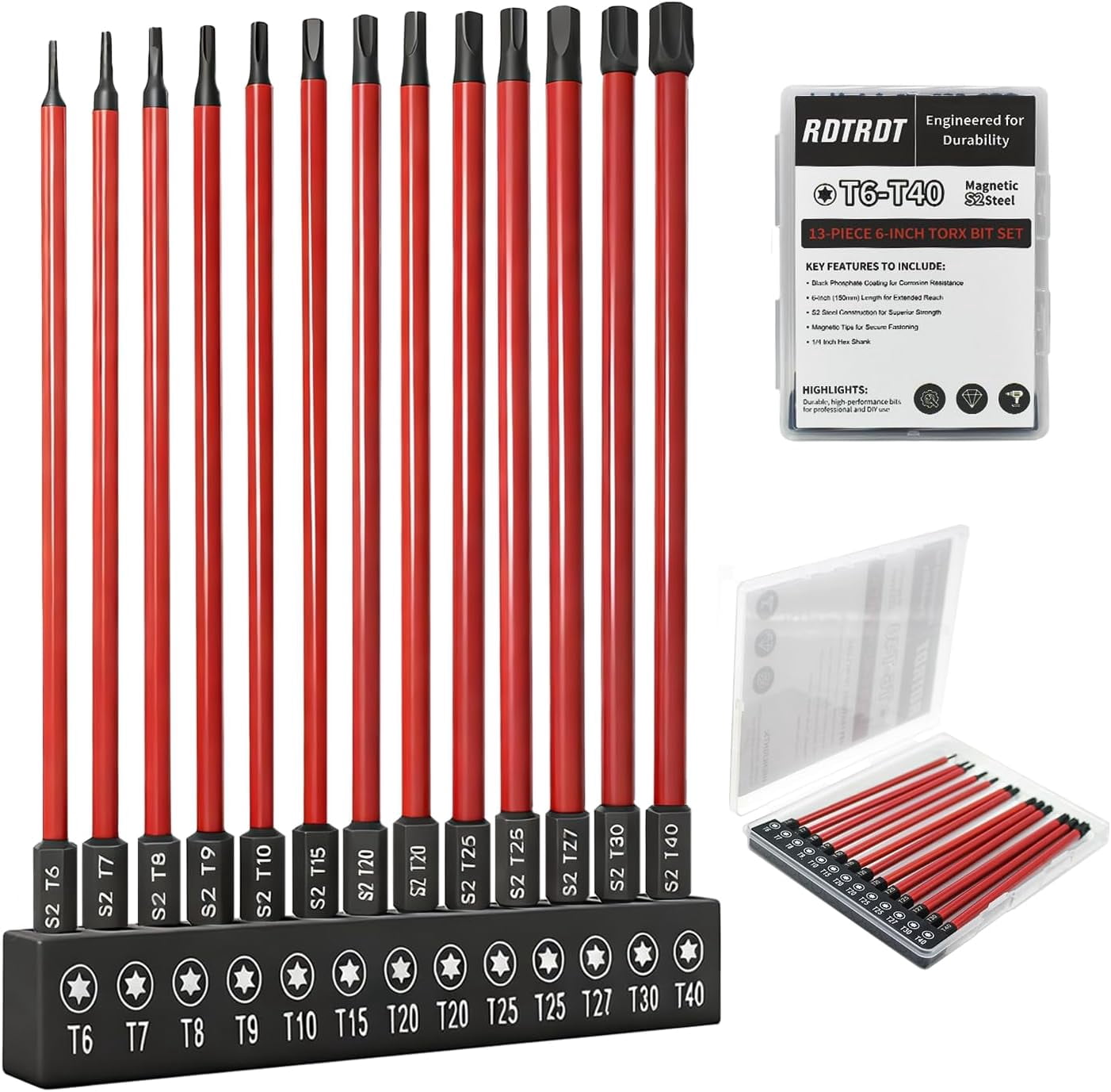 MKEUDQ-13-Piece Long Torx Bit Set, 6-Inch (150mm), Magnetic Torx Screwdriver Set (T6-T40), Magnetic S2 Steel, 1/4" Hex Shank, CNC Precision Tips for Impact Drivers, Drills, and Screwdrivers