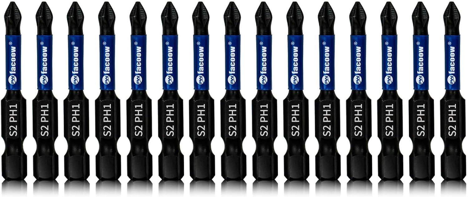MKEUDQ-15 Pack Phillips Impact Driver Bits, #1 Phillips Head Magnetic Screwdriver Bits Set, 2 Inch S2 Alloy Steel Impact Bits, 1/4" Hex Shank Screwdriver Drill Bit, CNC Machined ph1 Impact Drill Bits
