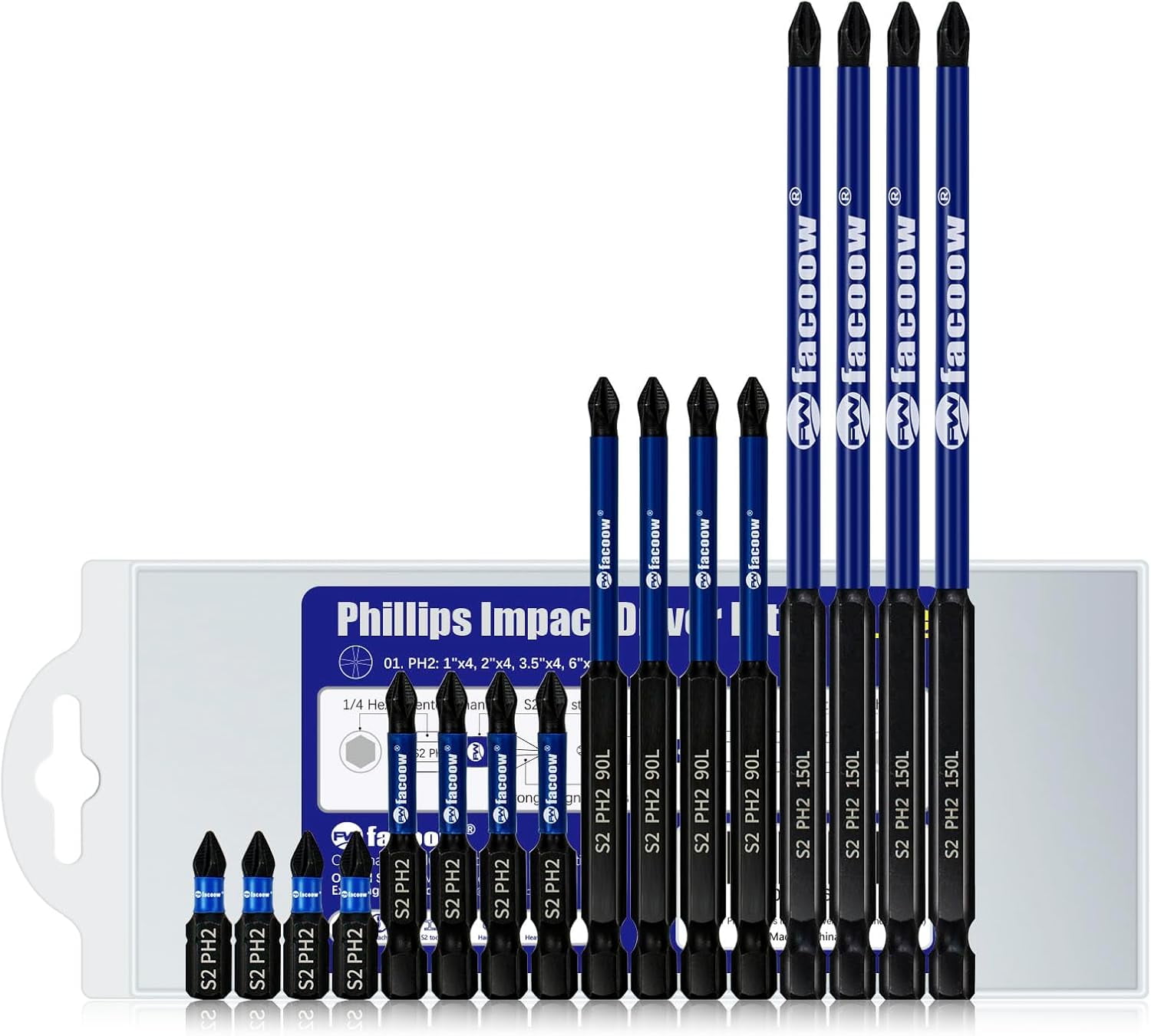 MKEUDQ-16 Pack Phillips Impact Driver Bits, #2 Phillips Head Magnetic Screwdriver Bits Set, 1" - 6" S2 Alloy Steel Impact Bits, 1/4" Hex Shank Screwdriver Drill Bit, CNC Machined ph2 Impact Drill Bit
