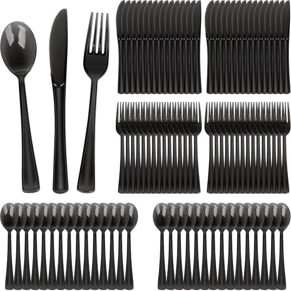 MKEUDQ-180 Pack Disposable Clear Cutlery Set Plastic Silverware Heavy Duty Utensil Sets 60 Forks 60 Knives 60 Spoons For Party Home Office School Picnics or Every Day Use (Black)