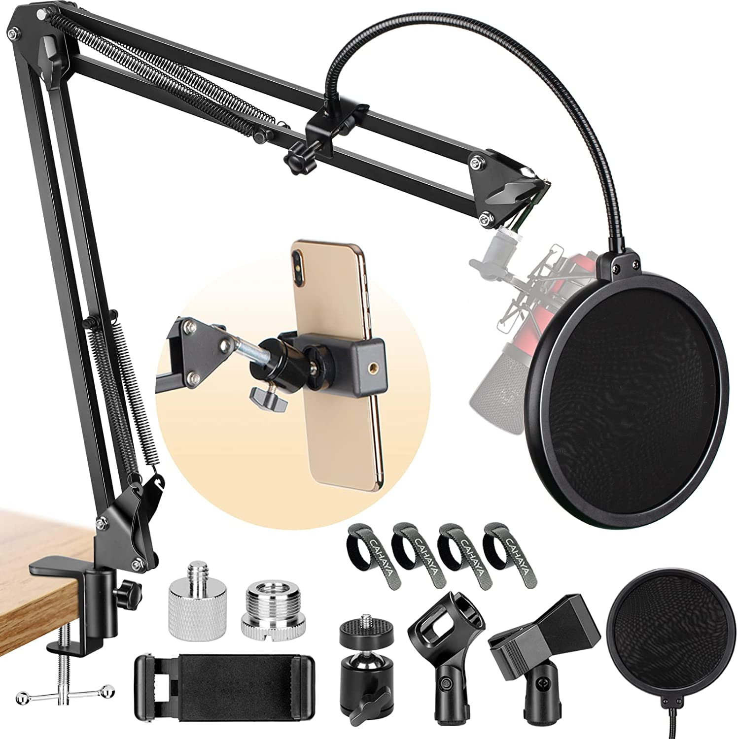 MKEUDQ-2 in 1 Microphone Arm Stand and Phone Stand with Pop Filter 2 Mic Clip and 3/8" to 5/8" Adapter Heavy Duty Adjustable Suspension Boom Scissor Microphone Stand for Blue Yeti Snowball CY0263-1