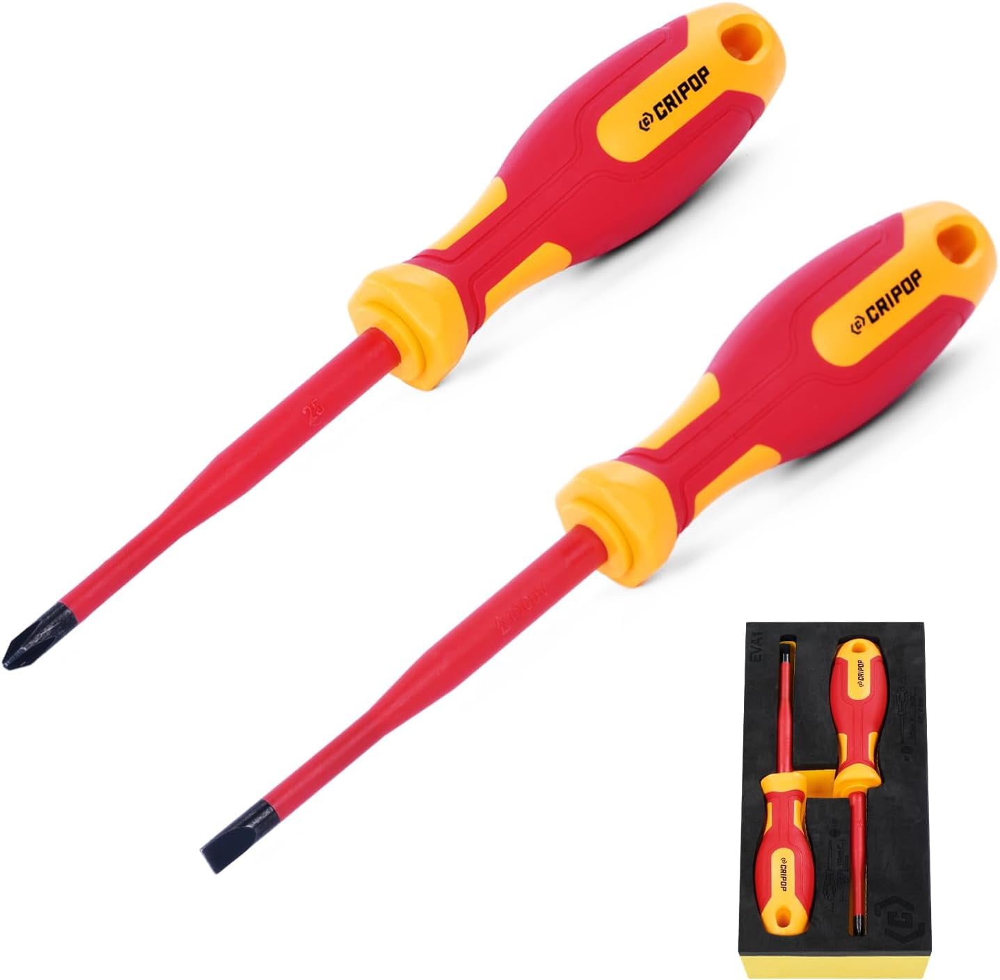 MKEUDQ-2 PCS Insulated Screwdrivers Set, 1000V Insulated Electrician Slotted and Phillips Slim Screwdriver Set with Magnetic Tips, VDE Certified