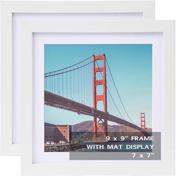 MKEUDQ-2 Pack 9x9 inch Picture Frames White for Wall Hanging or Tabletop Poster, Frame Display 7x7 inch with Mat or 9x9 Without Mat, Square Wood Wall Gallery Photo Frame,White