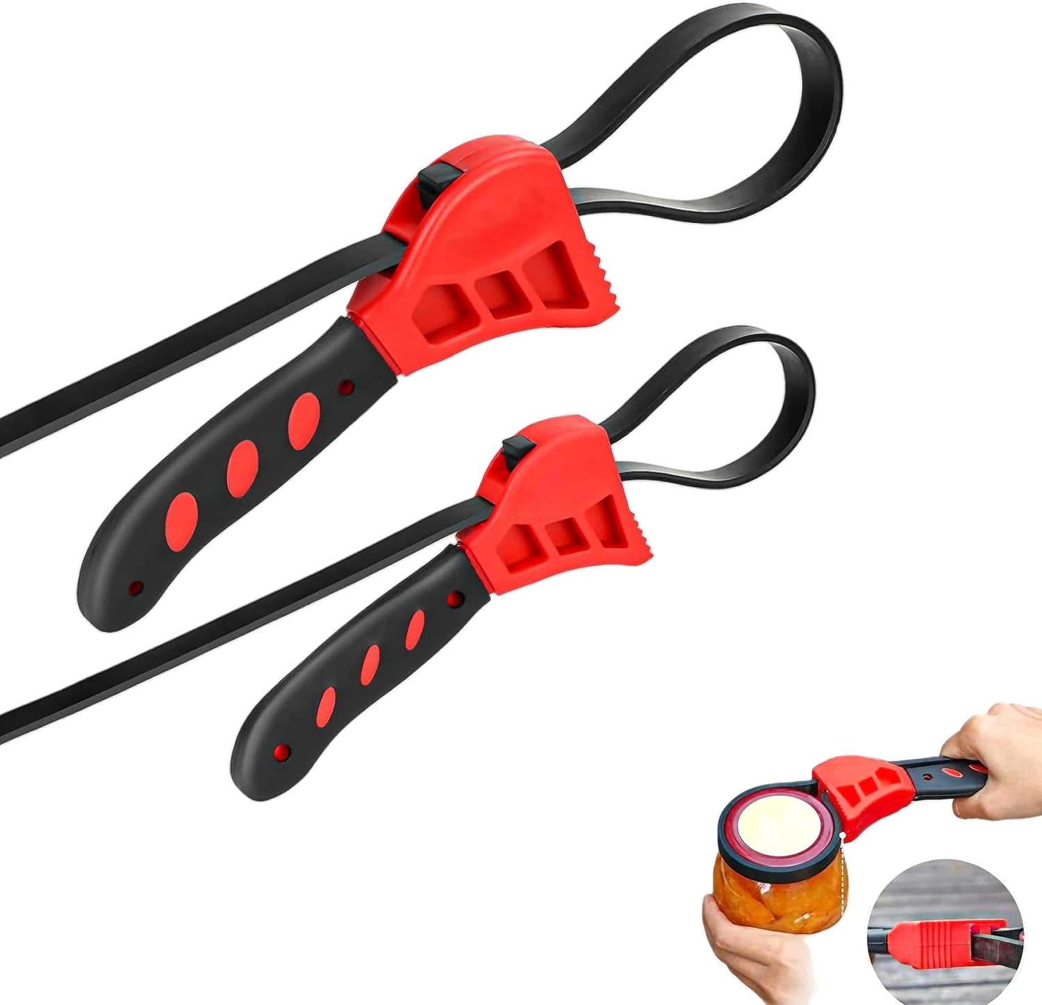 MKEUDQ-2-Pack Adjustable Rubber Strap Wrench Set – 25.20" & 20.48" Heavy-Duty Strap Wrench for Oil Filter, Jar Opener, Water Filter, Plumbing, Sink, Faucet – Non-Slip Multipurpose Wrench Tool (Red)