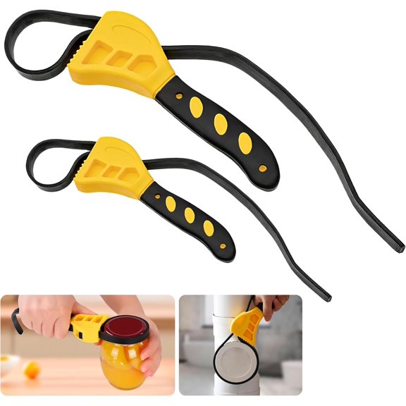 MKEUDQ-2-Pack Adjustable Rubber Strap Wrench Set, 8" & 6" Heavy-Duty Non-Slip Oil Filter Wrench & Jar Opener for Plumbing, Water Filter, Shower Head, Sink, Faucet, Pipes & Automotive Use (Yellow)