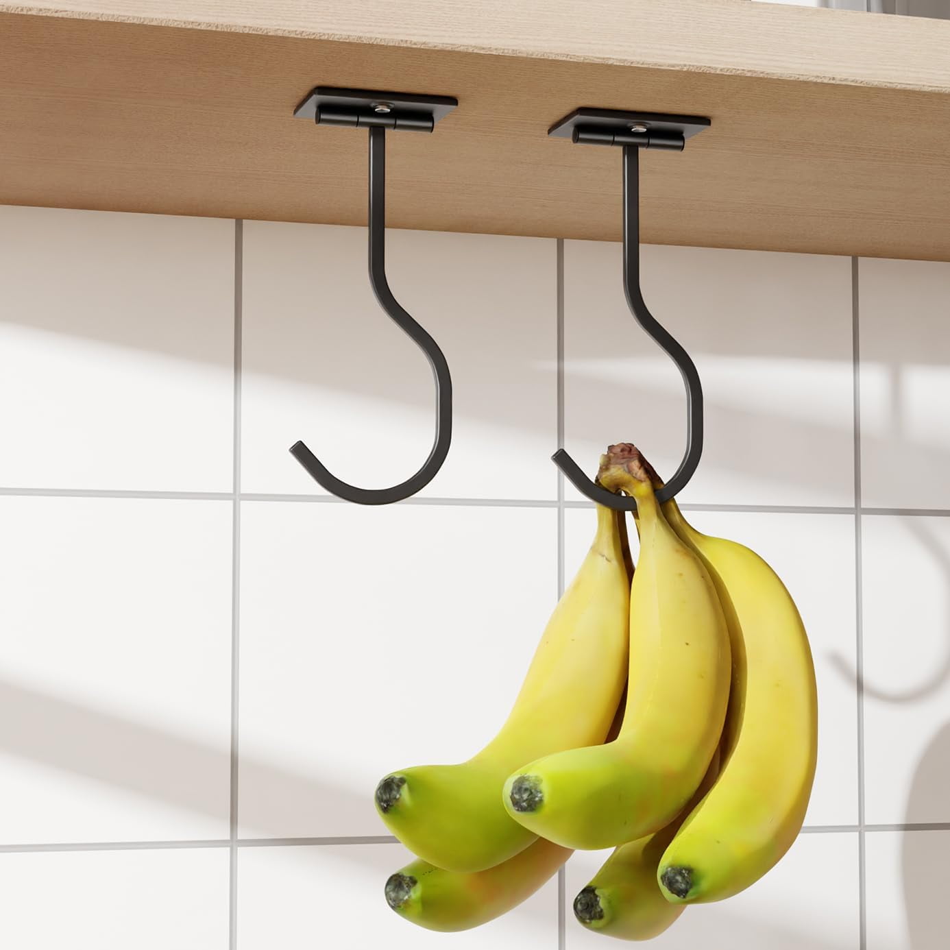 MKEUDQ-2-Pack Self Adhesive Metal Banana Hanger Hook, Under Cabinet Hook For Kitchen Items, Foldable Banana Hook With Magnets