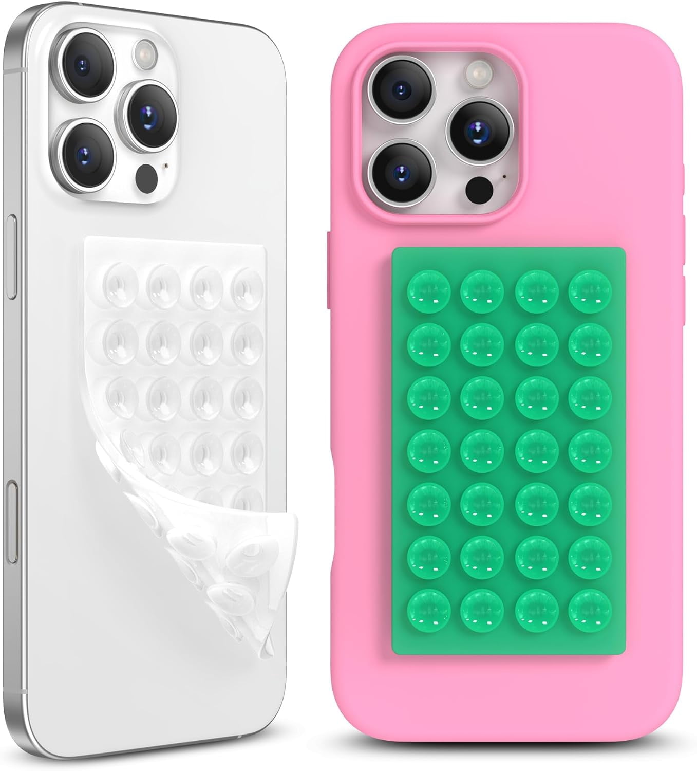 MKEUDQ-2 Pack Silicone Suction Cup Phone Case Mount Double-Sided, Hands-Free Strong Grip Holder for iPhone and Android, Sticky Phone Stand for Selfies and Videos, Emerald Green+Transparent
