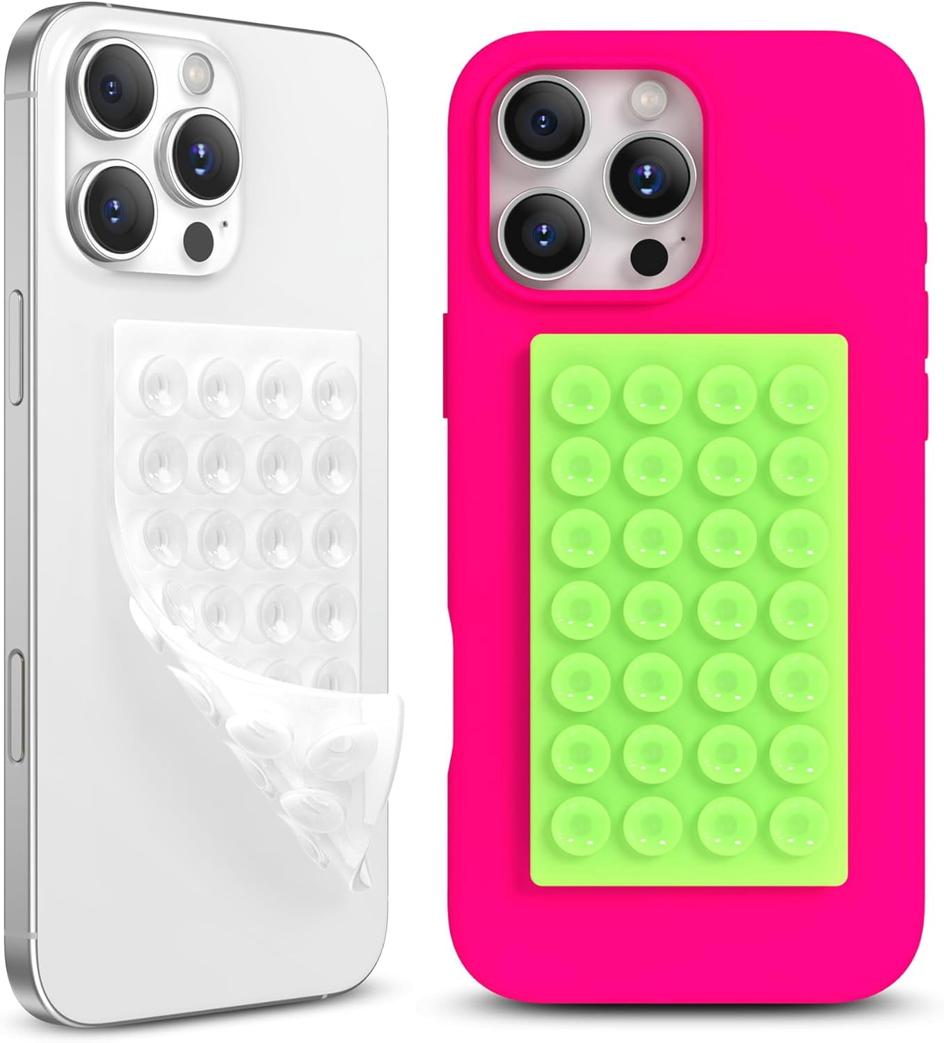 MKEUDQ-2 Pack Silicone Suction Cup Phone Case Mount Double-Sided, Hands-Free Strong Grip Holder for iPhone and Android, Sticky Phone Stand for Selfies and Videos, Neon Green+Transparent
