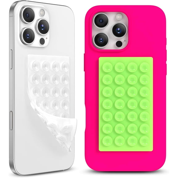 MKEUDQ-2 Pack Silicone Suction Cup Phone Case Mount Double-Sided, Hands-Free Strong Grip Holder for iPhone and Android, Sticky Phone Stand for Selfies and Videos, Neon Green+Transparent