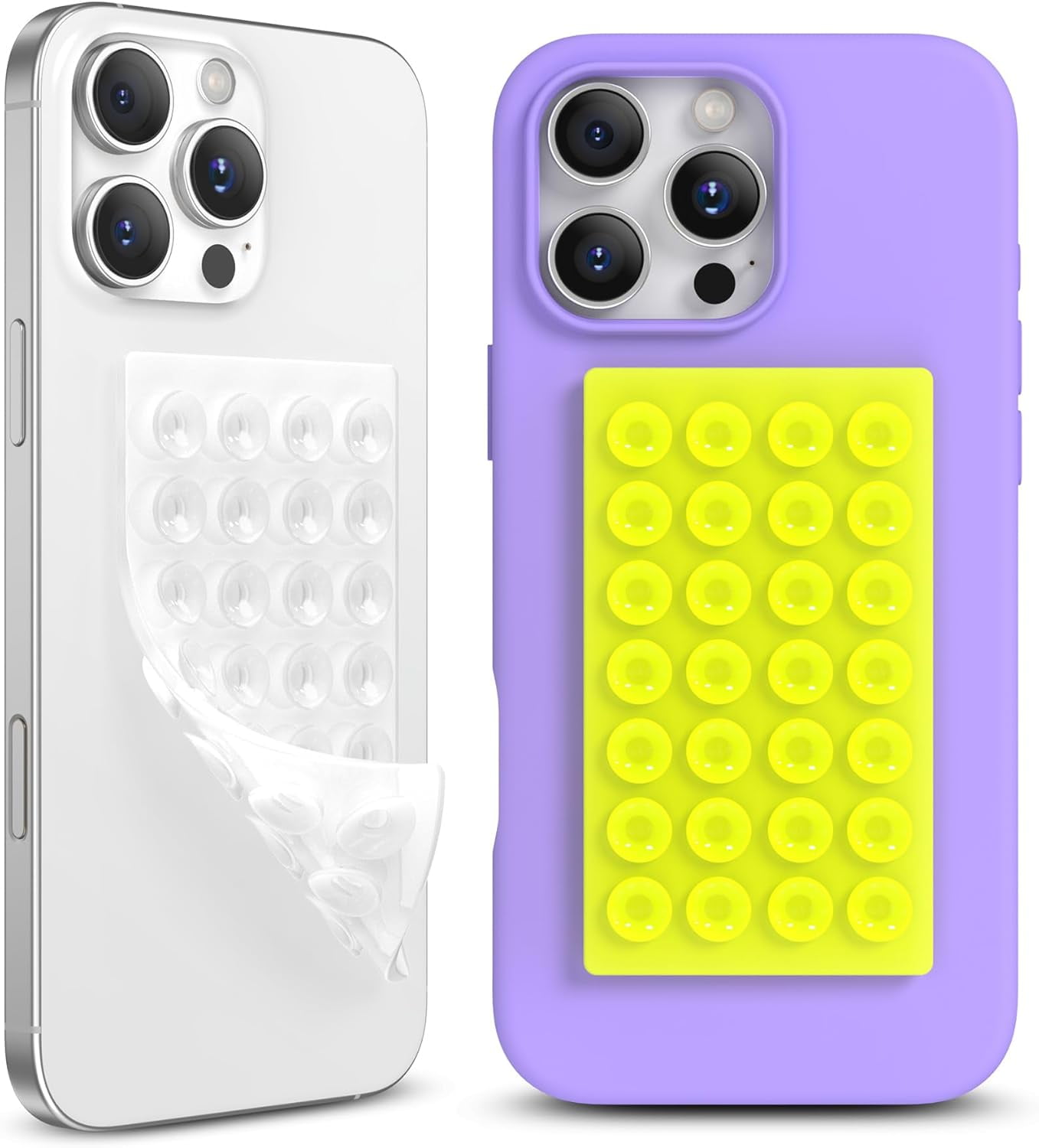 MKEUDQ-2 Pack Silicone Suction Cup Phone Case Mount Double-Sided, Hands-Free Strong Grip Holder for iPhone and Android, Sticky Phone Stand for Selfies and Videos, Neon Yellow+Transparent