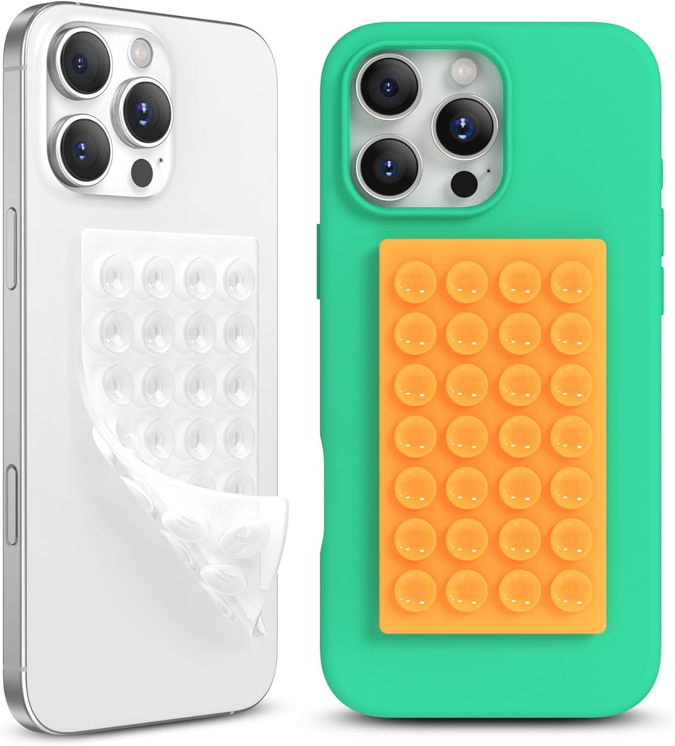 MKEUDQ-2 Pack Silicone Suction Cup Phone Case Mount Double-Sided, Hands-Free Strong Grip Holder for iPhone and Android, Sticky Phone Stand for Selfies and Videos, Orange+Transparent