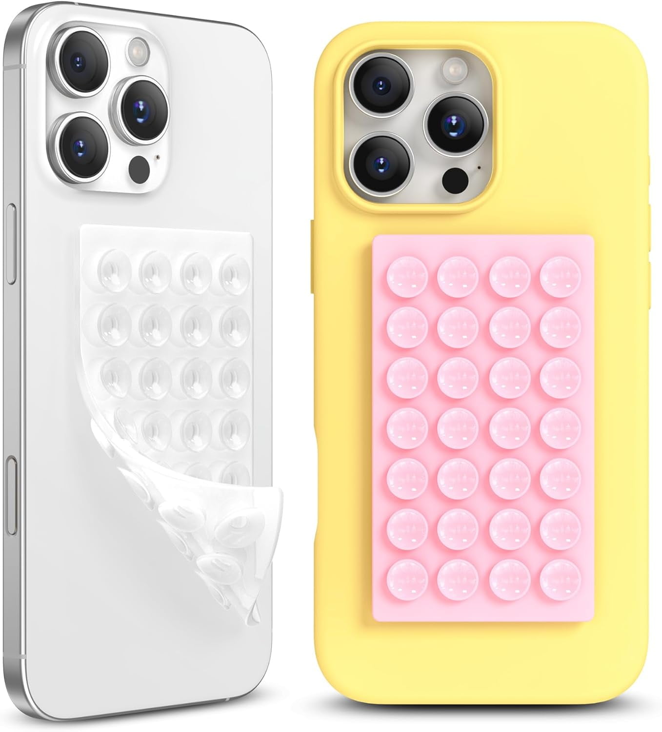 MKEUDQ-2 Pack Silicone Suction Cup Phone Case Mount Double-Sided, Hands-Free Strong Grip Holder for iPhone and Android, Sticky Phone Stand for Selfies and Videos, Pink+Transparent