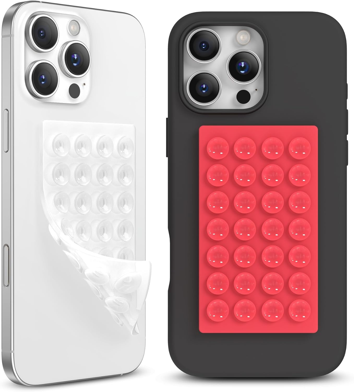MKEUDQ-2 Pack Silicone Suction Cup Phone Case Mount Double-Sided, Hands-Free Strong Grip Holder for iPhone and Android, Sticky Phone Stand for Selfies and Videos, Red+Transparent