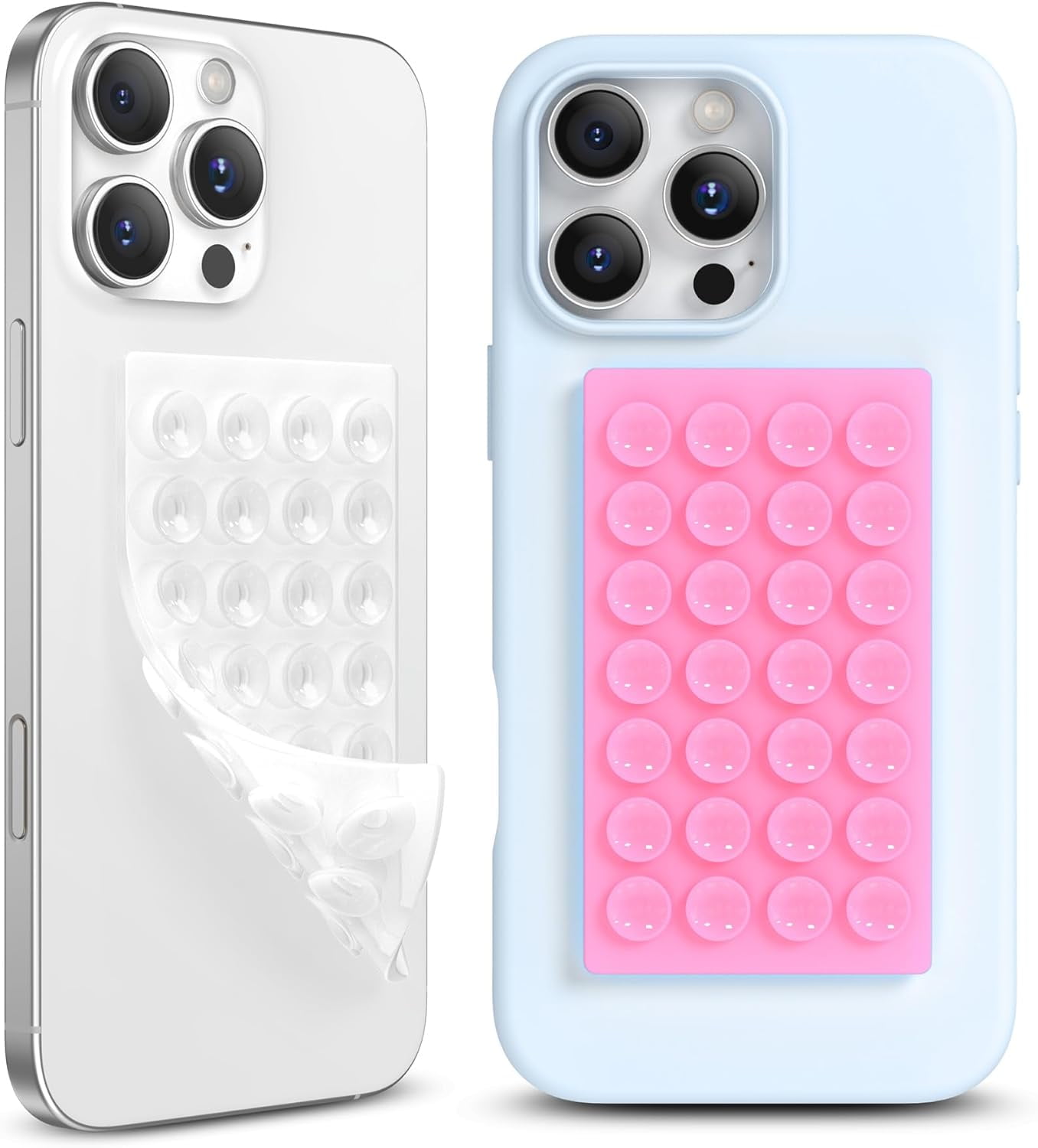 MKEUDQ-2 Pack Silicone Suction Cup Phone Case Mount Double-Sided, Hands-Free Strong Grip Holder for iPhone and Android, Sticky Phone Stand for Selfies and Videos, Tender Pink+Transparent