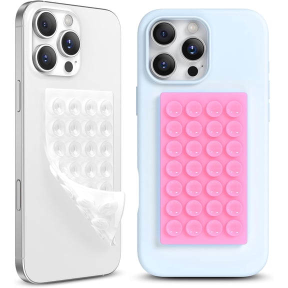 MKEUDQ-2 Pack Silicone Suction Cup Phone Case Mount Double-Sided, Hands-Free Strong Grip Holder for iPhone and Android, Sticky Phone Stand for Selfies and Videos, Tender Pink+Transparent
