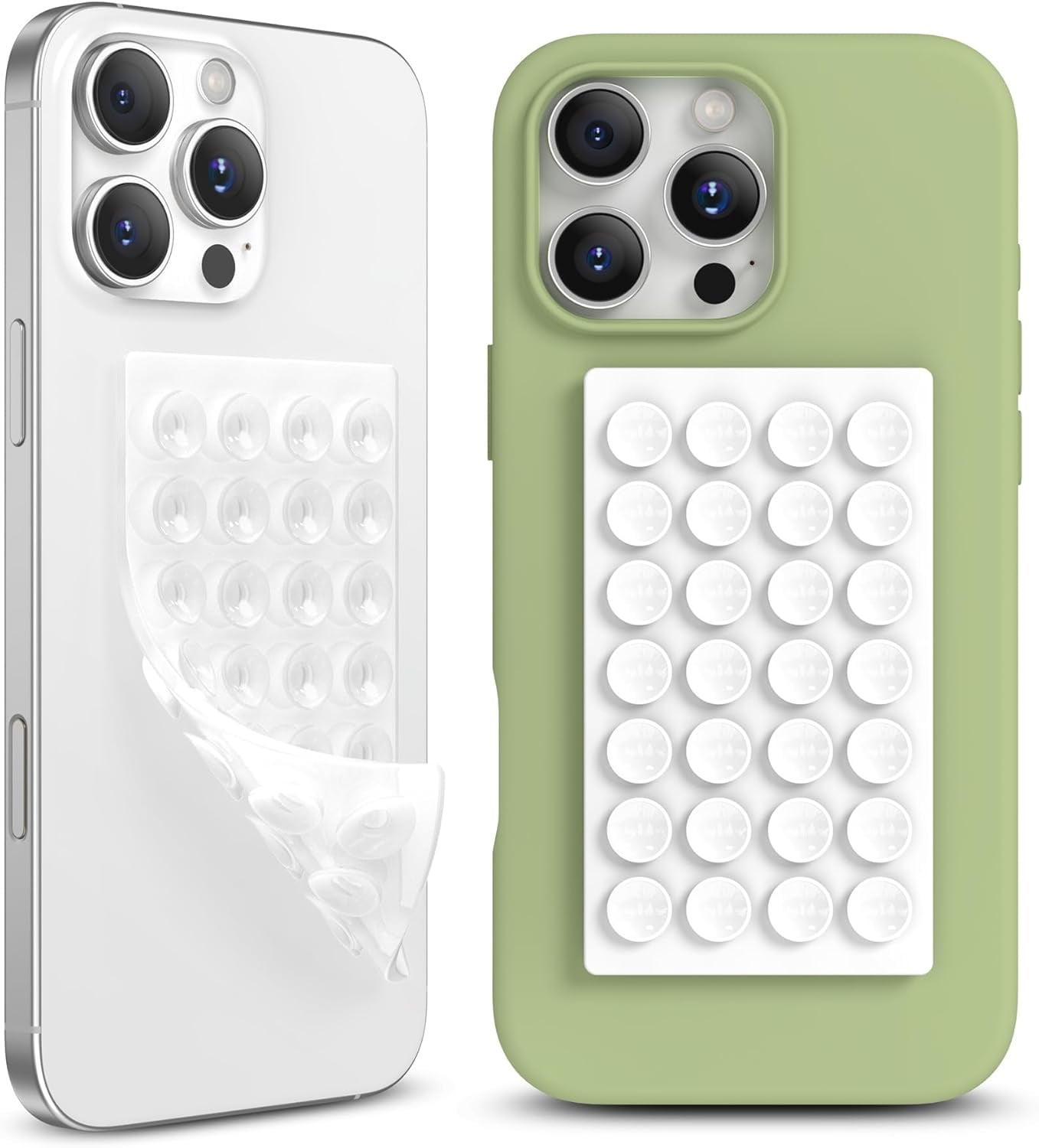MKEUDQ-2 Pack Silicone Suction Cup Phone Case Mount Double-Sided, Hands-Free Strong Grip Holder for iPhone and Android, Sticky Phone Stand for Selfies and Videos, White+Transparent
