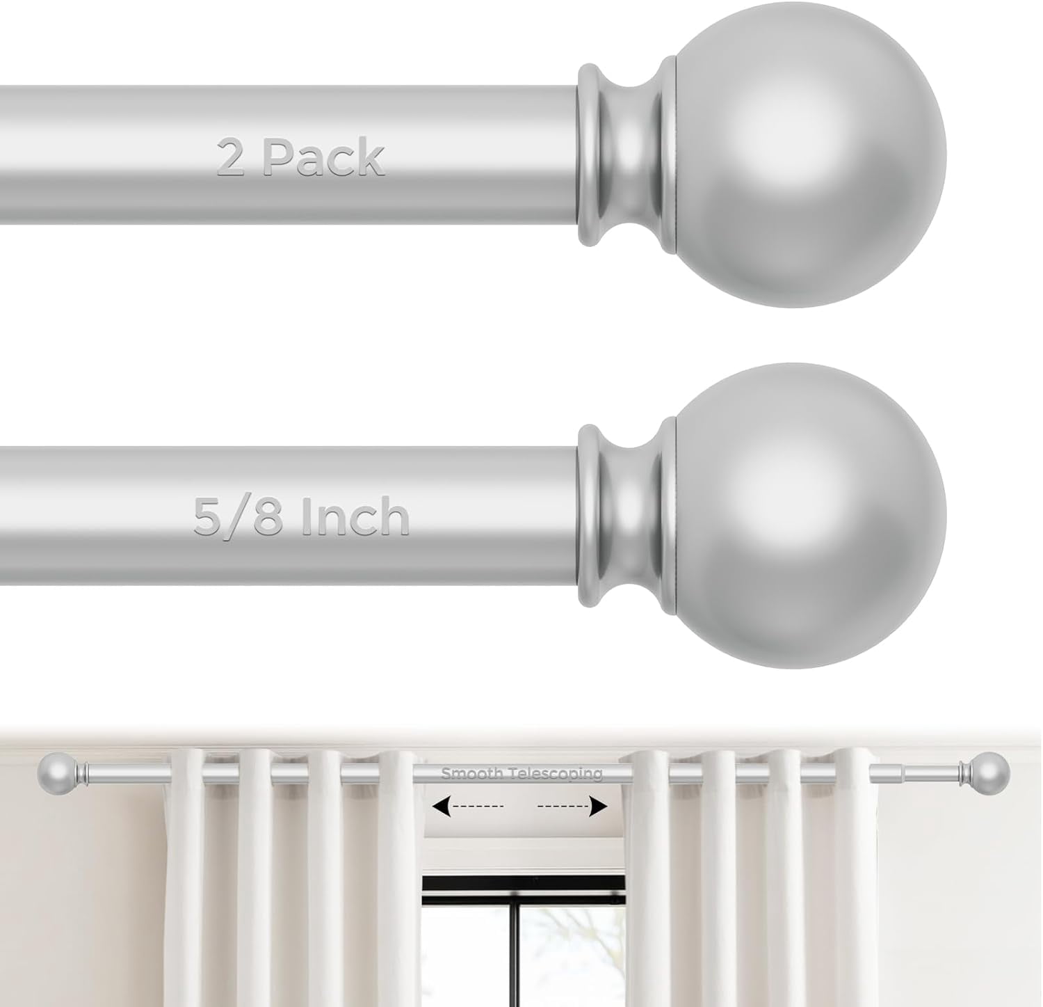 MKEUDQ-2 Pack Silver Curtain Rod for Windows 18-45 Inch, 5/8 Inch Small Window Treatment Rods, Short Adjustable Splicing Drapery pole, Silver
