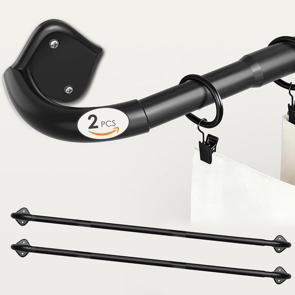 MKEUDQ-2 Pack Wrap Around Curtain Rods for Windows Adjustable 28-48 Inch - Curved Light Gap Blocking, 90% Blackout Room Darkening, Heavy Duty 5/8" Matte Black Curtain Rod (Easy Install Hardware)