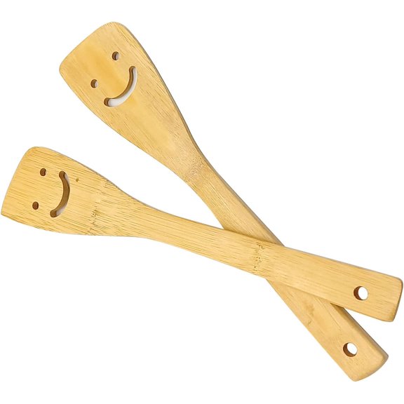 MKEUDQ-2-Piece 12-Inch Bamboo Smiley Face Wooden Spoons & Spatula Kitchen Cooking Tools for Nonstick Cookware and Wok
