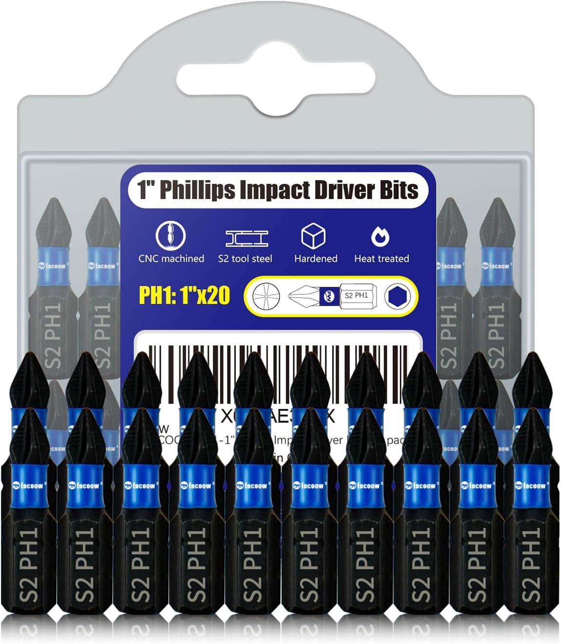 MKEUDQ-20 Pack Phillips Impact Driver Bits, #1 Phillips Head Magnetic Screwdriver Bits Set, 1 Inch S2 Alloy Steel Impact Bits, 1/4" Hex Shank Screwdriver Drill Bit, CNC Machined ph1 Impact Drill Bits