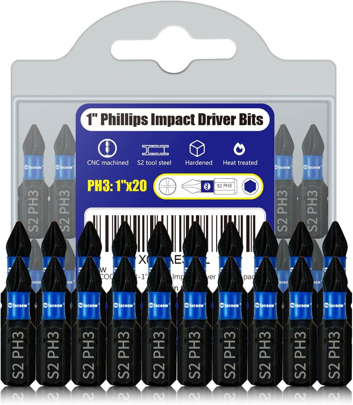 MKEUDQ-20 Pack Phillips Impact Driver Bits, #3 Phillips Head Magnetic Screwdriver Bits Set, 1 Inch S2 Alloy Steel Impact Bits, 1/4" Hex Shank Screwdriver Drill Bit, CNC Machined ph3 Impact Drill Bits