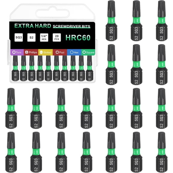 MKEUDQ-20pcs Square Screwdriver Bit SQ2 1/4" Hex Shank 25mm/1" Length Magnetic 4 Point Hex Bits S2 Steel Industrial Grade Electric Screw Driver Bit 6mm Rod
