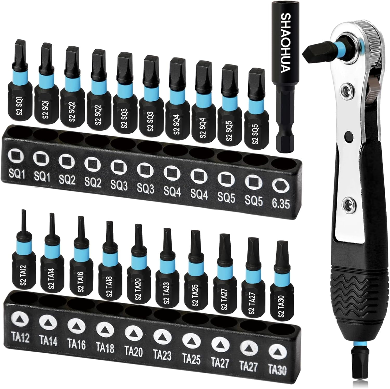 MKEUDQ-22PCS Screwdriver Bit Set with Ratchet Wrench, Magnetic Square Drive Bits #1,2,3,4,5, 25mm Triangle Screwdriver Set TA12-30 with 1/4" Bit Holder, for Pocket Hole Jig System, Security Project