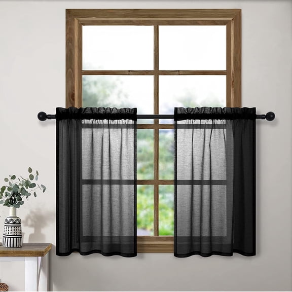 MKEUDQ-24 Inch Curtains for Small Windows Set Rod Pocket Semi Sheer Linen Look Kitchen Half Cafe Curtains Modern Black Lace Short Window Curtain for Bathroom Front Door Non See Thru Mini Curtain 24 L