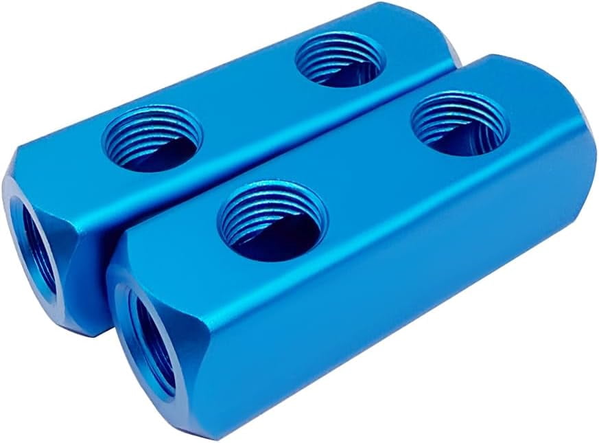 MKEUDQ-2PCS 1/4" 2 Way 5 Port Hose Inline Manifold Block Splitter, Pneumatic Air Compressor Manifold, Aluminum Air Distribution Manifold,Blue (2 Way 5 Port)