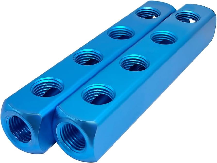 MKEUDQ-2PCS 1/4" 4 Way 7 Port Hose Inline Manifold Block Splitter, Pneumatic Air Compressor Manifold, Aluminum Air Distribution Manifold,Blue (4 Way 7 Port)