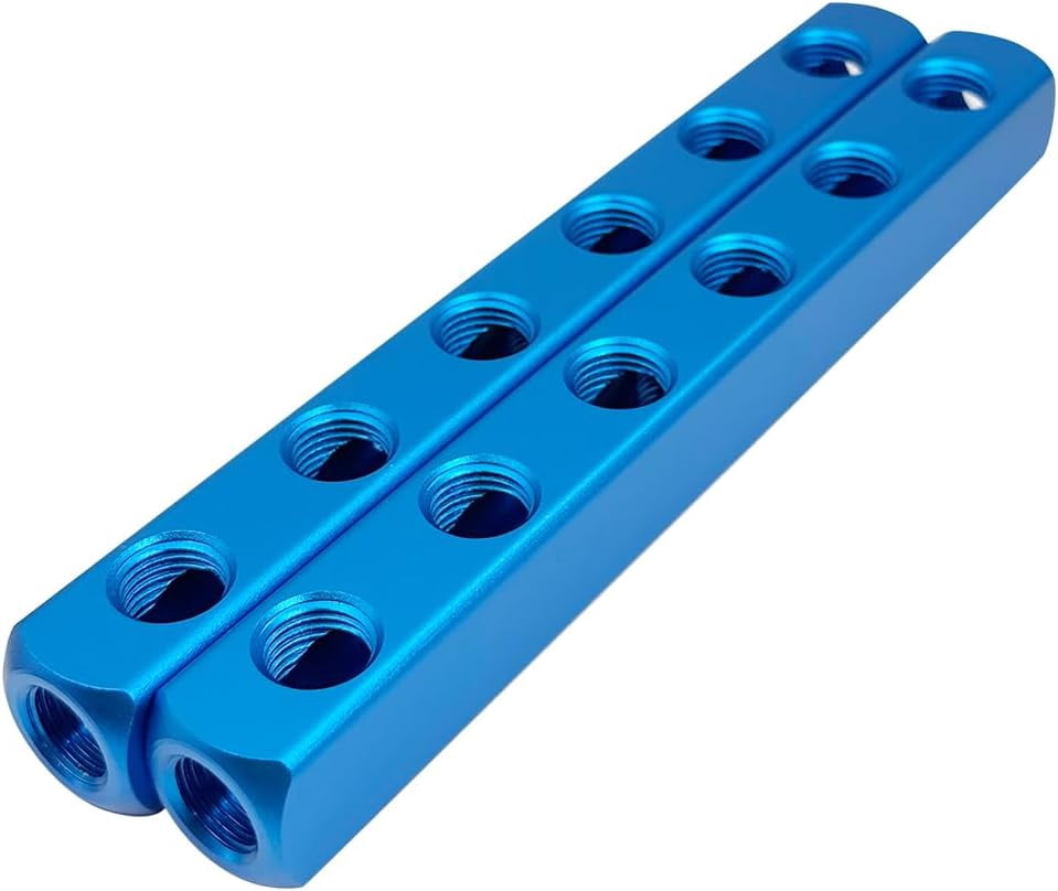 MKEUDQ-2PCS 1/4" 6 Way 9 ort Hose Inline Manifold Block Splitter, Pneumatic Air Compressor Manifold, Aluminum Air Distribution Manifold,Blue (6 Way 9 Port)