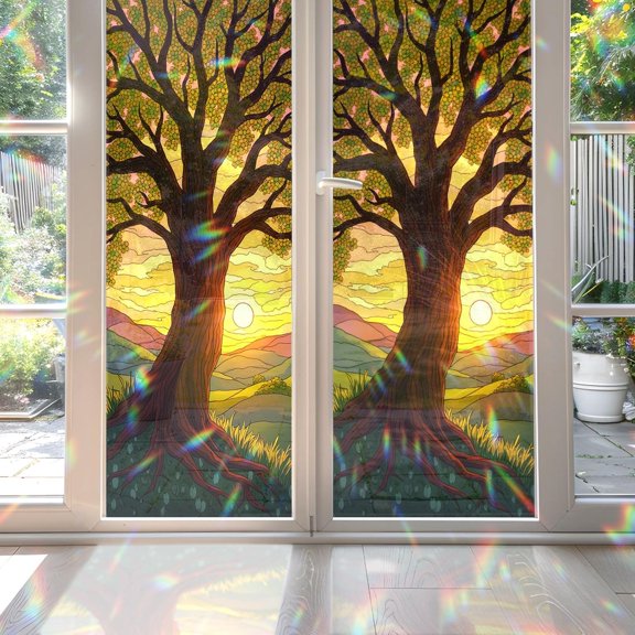 MKEUDQ-2PCS 17.7x39.4inch Ancient Oak Tree & Sunset Glow Stained Glass Window Film, Ancient Oak Tree & Sunset Glow Stained Glass Window Film for Bathroom Door Heat Anti UV N06