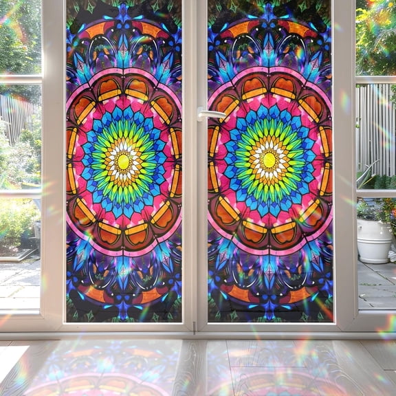 MKEUDQ-2PCS 17.7x39.4inch Neon Pulse Mandala Stained Glass Window Film, Neon Pulse Mandala Stained Glass Window Film for Bathroom Door Heat Anti UV N05