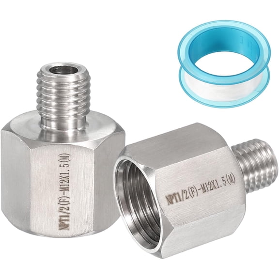MKEUDQ-2Pcs 304 Stainless Steel Forged Pipe Fitting, 1/2" NPT Female to M12x1.5 Male Thread Adapter Hex Pipe Fitting Adapter Converter for Hose Line Connection Convert, (1.38x1.06")
