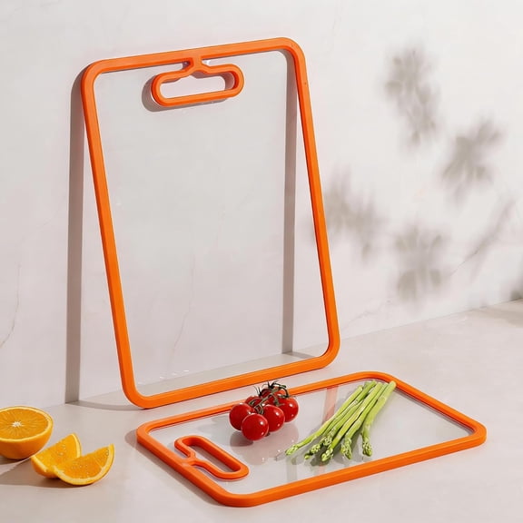 MKEUDQ-2Pcs Orange Glass Cutting Board for Kitchen, Tempered Glass Chopping Board with Non-Slip Edges, Dishwasher Safe Clear Cutting Board Set, Heat & Shatter Resistant, 15"11" & 13"9"