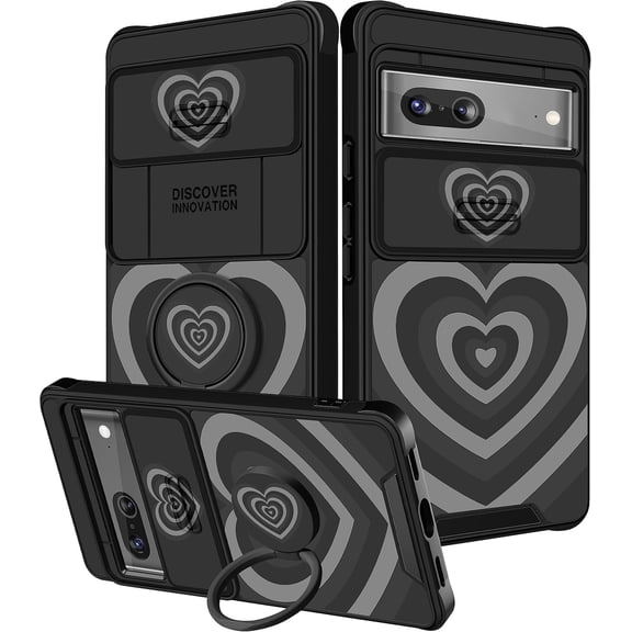 MKEUDQ-(2in1 for Google Pixel 7 Case for Women Cute Girls Love Heart Cool Phone Cover Black Heart Girly Pretty Kawaii Design with Camera Cover+ Ring Stand for Google Pixel 7 Phone Case