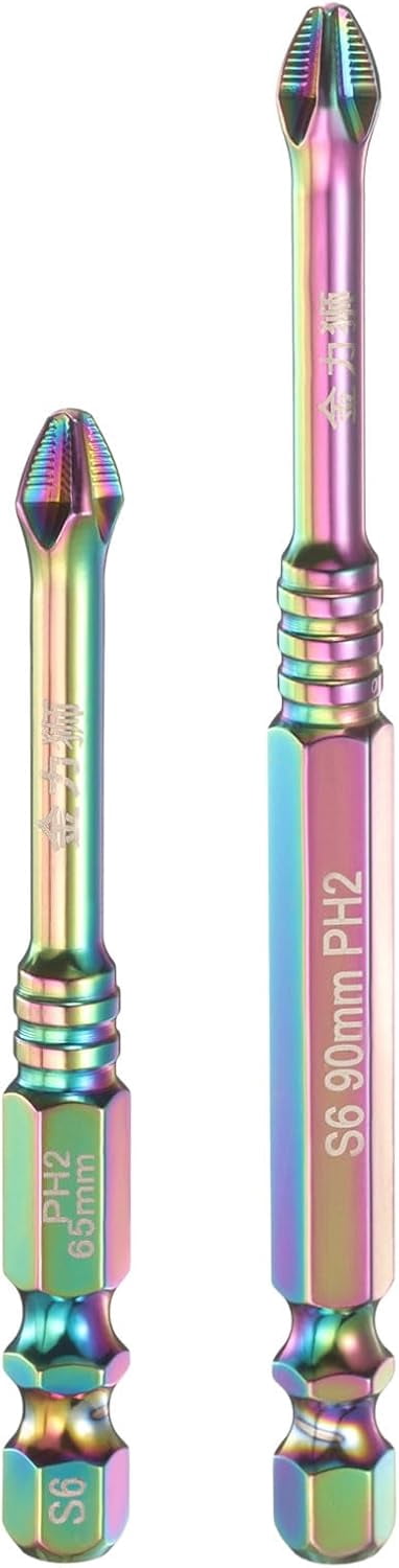 MKEUDQ-2pcs Impact Phillips Screwdriver Bit Set PH2 (#2) Anti Slip Teeth Tip 1/4" Hex Shank 2.6"/3.5" (65mm/90mm) Long Magnetic Cross Screw Driver Drill Bits