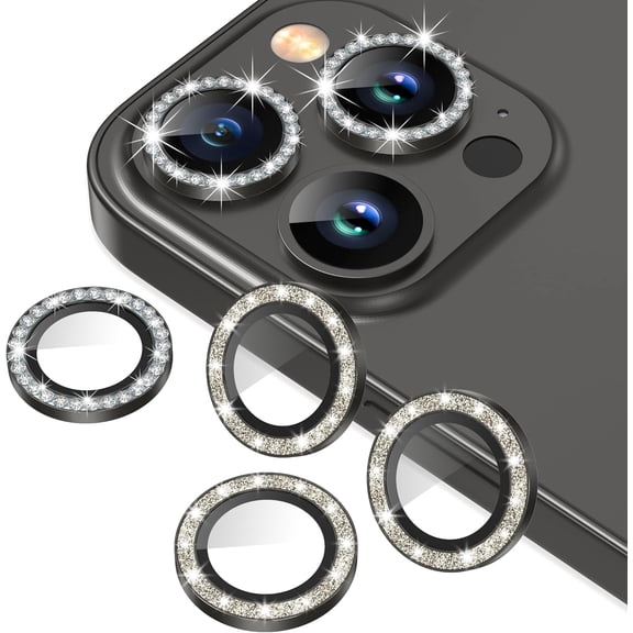 MKEUDQ-3+3 6 Pack for iPhone 12 Pro Max 6.7" Camera Lens Protector, Bling Diamond & Bling Glitter Metal Ring 9H Tempered HD Glass Camera Cover Film, Bling-Black