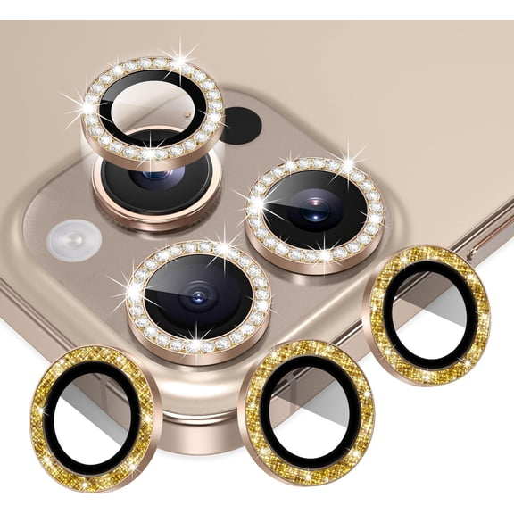 MKEUDQ-3+3 6 Pack for iPhone 16 Pro 6.3" / 16 Pro Max 6.9" Camera Lens Protector, Bling Diamond & Bling Glitter Metal Ring 9H Tempered HD Glass Camera Cover Film, Bling-Desert