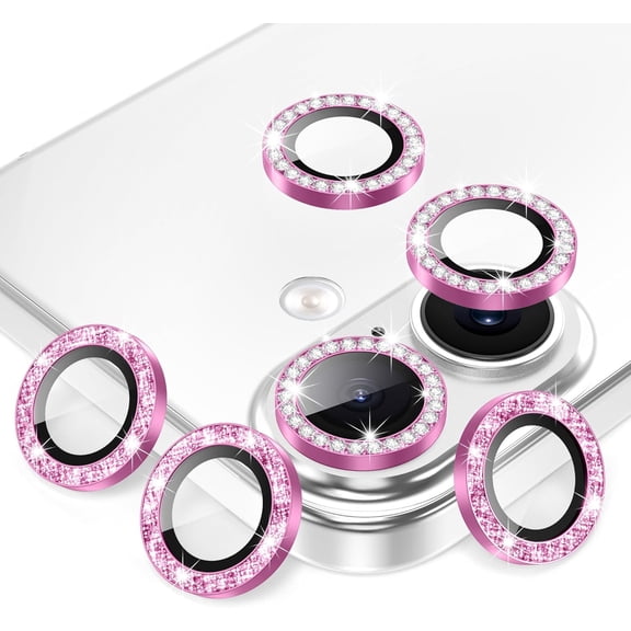 MKEUDQ-3+3 6 Pack for iPhone 17 6.3" Camera Lens Protector, Bling Diamond & Bling Glitter Metal Ring 9H Tempered HD Glass Camera Cover Film, Bling-Rose