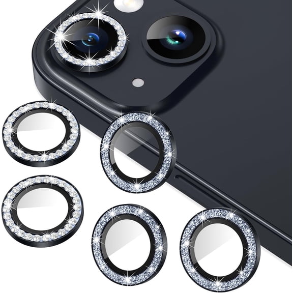 MKEUDQ-3+3 for iPhone 14 6.1" / 14 Plus 6.7" Camera Lens Protector, Bling Diamond & Bling Glitter Metal Ring 9H Tempered HD Glass Camera Protector Cover Film, Bling-Black