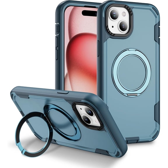 MKEUDQ-3-Layer Case for iPhone 14 Plus / 15 Plus, Military Grade Drop Protection Cover with Spin 360 Stand Ring Compatible with MagSafe Shockproof Case for iPhone 15 Plus, Sapphire Blue HR