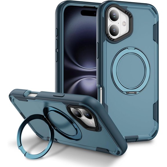 MKEUDQ-3-Layer Case for iPhone 16 Plus, Military Grade Drop Protection Cover with Spin 360 Stand Ring, Compatible with MagSafe, Double Shockproof Case for iPhone 16 Plus, Sapphire Blue HR
